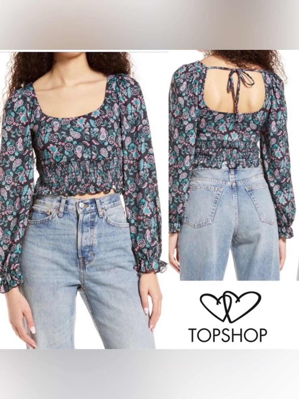 Topshop Black Floral Smocked Tie-Back Long Sleeve Crop Top
